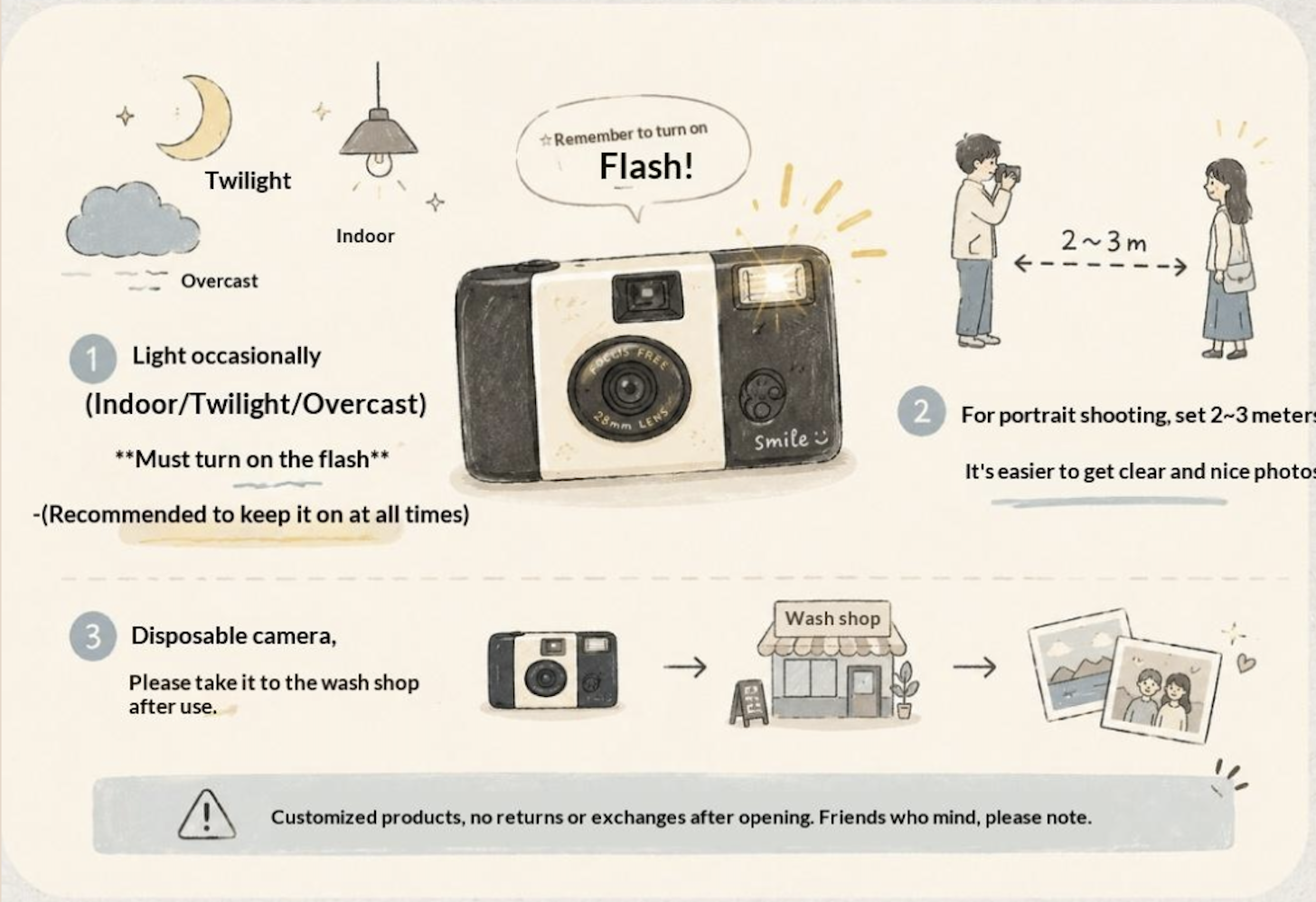 Oct.Film disposable camera usage guide — flash settings and portrait distance